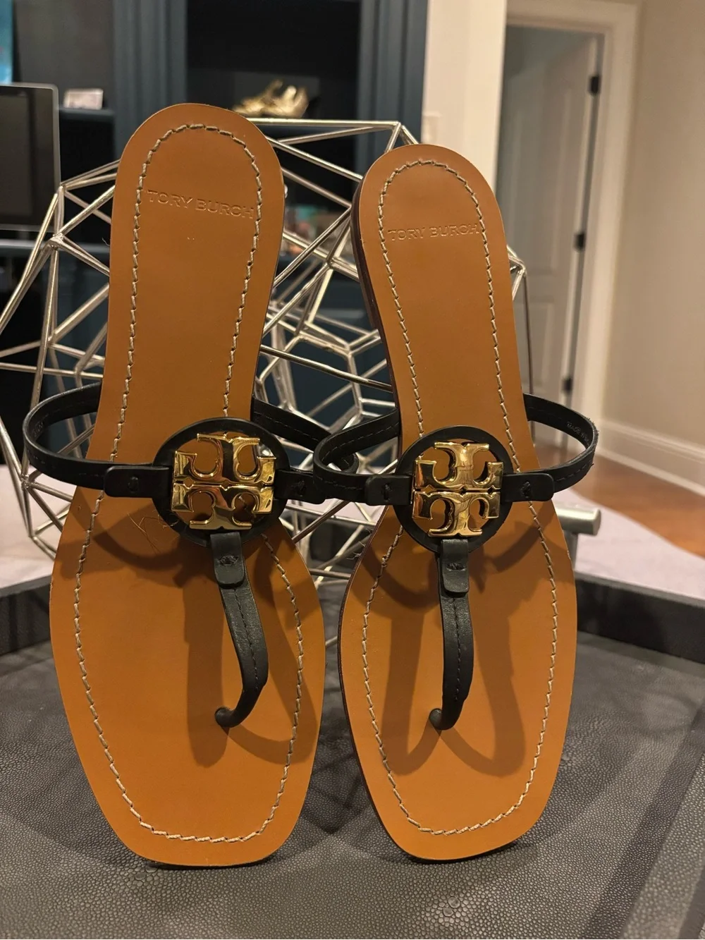 Tory Burch Black and Tan Miller Thong Sandals with Gold Logo